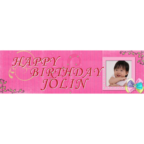 Bright pink banner customized with Happy Birthday message and the birthday girl's lovely photo.