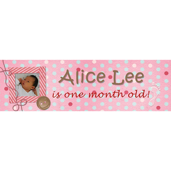 Pink polkadot banner with baby girl's photo and name. Customise printing in 7 days.