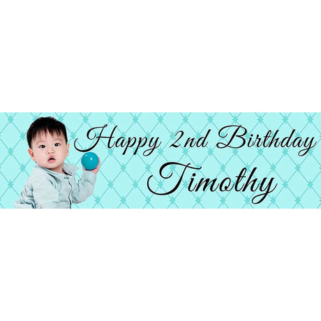 Customized banner in a special robin egg colour. Ranging between green and blue. Print it with your child's photo and a personalized message.