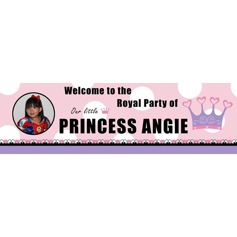 Pink royal princess party banner customized with her photo and the birthday girl's name.