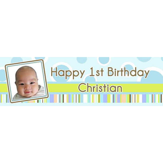 Blue Banner with polka Dots all over for the customized photo and name to be displayed.