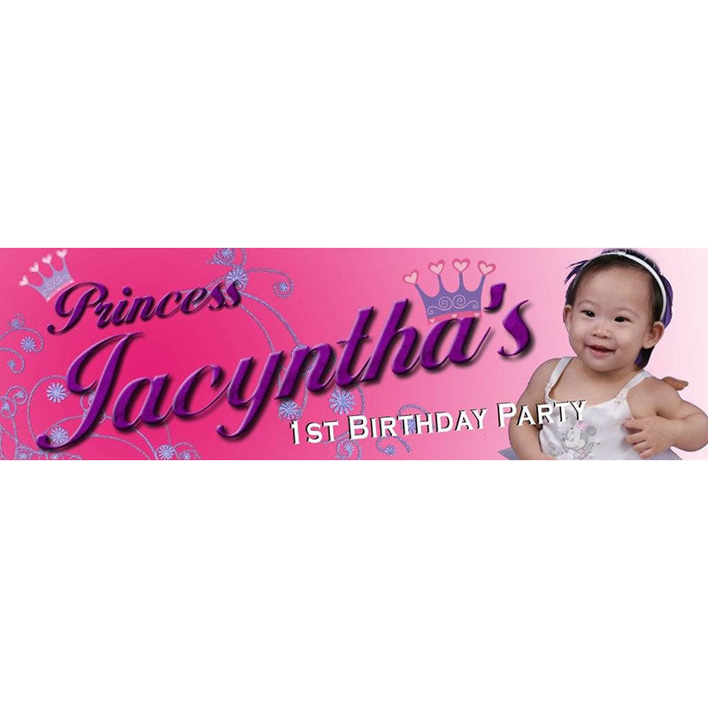 Sweet pink princess themed banner customized with photo and name. Printed on PVC material.