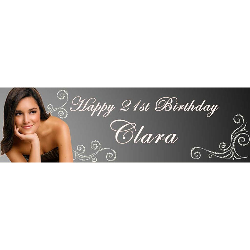 Swirl Pearl swag design banner to include with the birthday star's name and photo, and printed onto high quality PVC.