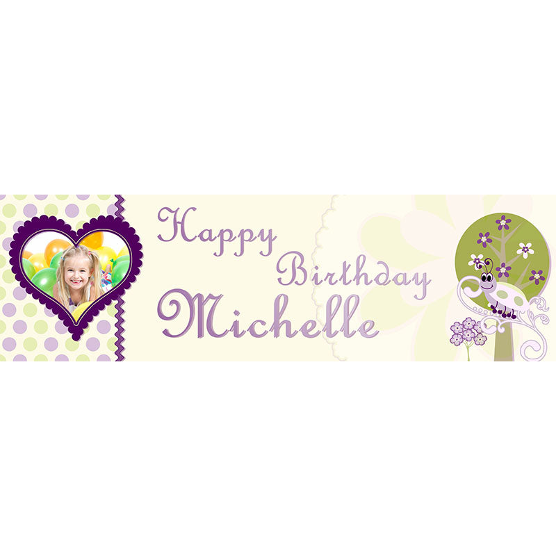 Fascinating banner in violet and light beige tones for the birthday sweetheart's cake cutting backdrop.