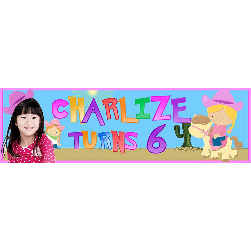 Print your photo and name on the PVC banner with the cowgirl theme.