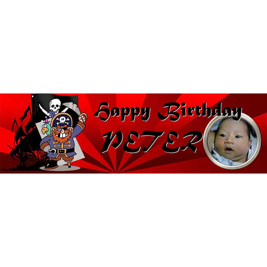 Pirate theme customized banner printed with photo and name.