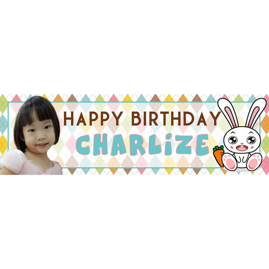 Cool and adorable rabbit banner customized with Charlize's photo and name.