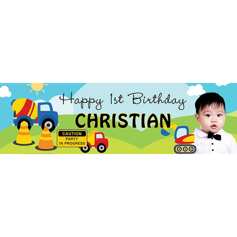 Under Construction customised banner, with the trucks and tractors and cranes.