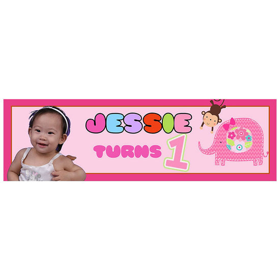 Pink banner with colourful jungle animals with your baby girl's photo.
