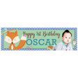 Woodlands animal banner featuring little fox, squirrel, owl and skunk. Add on a photo for a personalised printed banner. 