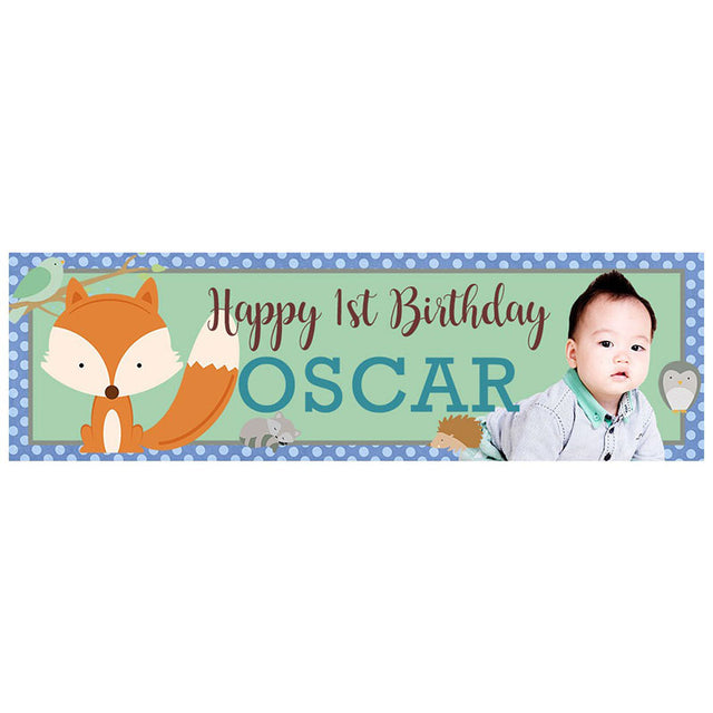Woodlands animal banner featuring little fox, squirrel, owl and skunk. Add on a photo for a personalised printed banner. 