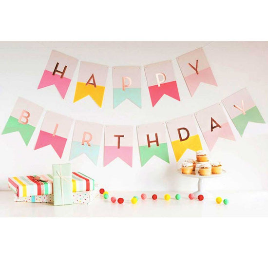 Sweet and lovely pastel coloured "Happy Birthday" banner with gold foil letters  Great for dessert table backdrop setup with these lovely colours.