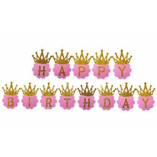 Load image into Gallery viewer, Pink glitter gold crown happy birthday banner.

