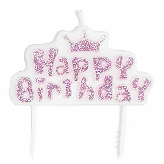Pink glittery happy birthday candle block for cake decoration.