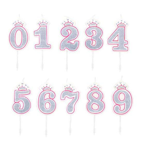 Pink Silver Crown Glitter Number Candles