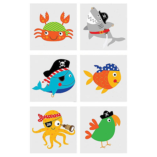 Load image into Gallery viewer, One sheet of Pirate Animals Tattoos, each sheet comes with the 6 animals donned in pirate accessories images.
