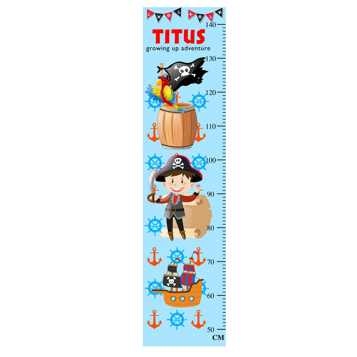 Ahoy Matey! Get into adventure mode with these pirate in action. Create a great atmosphere for your boy or girl in the bedroom with this nicely decorated growth chart.