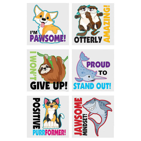 One sheet of Positive Pals Tattoos, each sheet comes with the 6 tattoo images of various animals with wordings of encouragement.