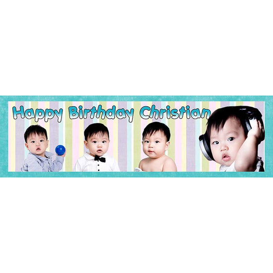 Blue banner displaying the baby boy's growth and milestone over the year as he celebrates his 1st birthday.