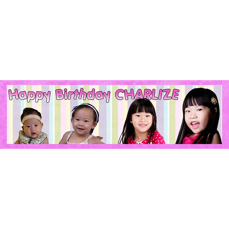 Pink banner displaying the baby girl's growth and milestone over the year as she celebrates her 1st birthday.