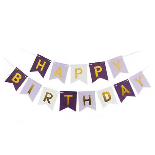 Happy Birthday Banner in Purple and Lilac with gold foil letters.