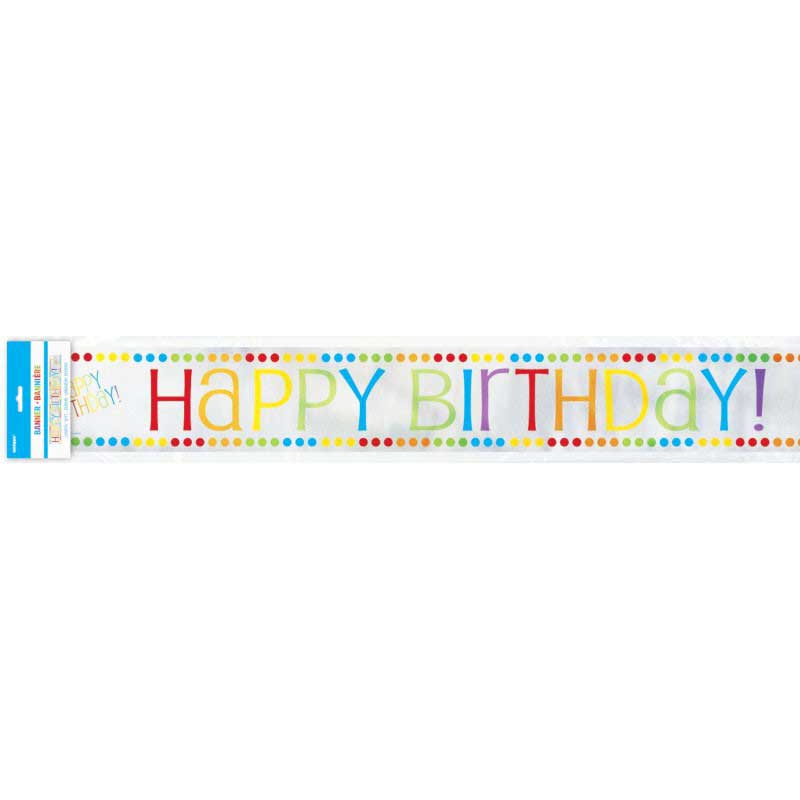 Rainbow colours Happy Birthday in metallic foil stripe.