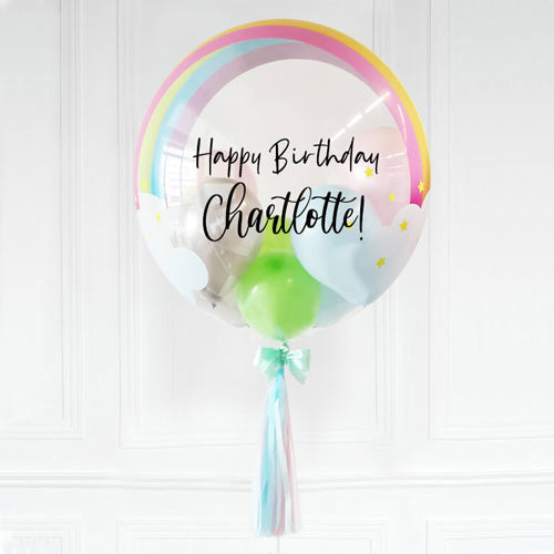 Customized Bubble balloon in rainbow print and customized with our birthday greeting message,