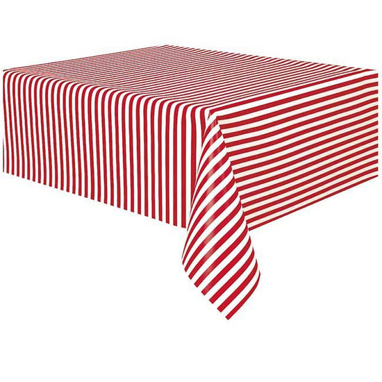 Red striped tablecover for the circus themed birthday party.