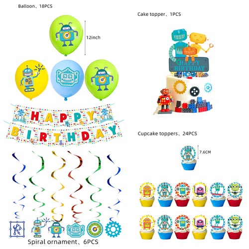 Robots themed birthday party decoration kit.