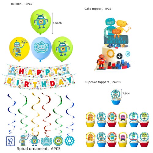 Robots themed birthday party decoration kit.