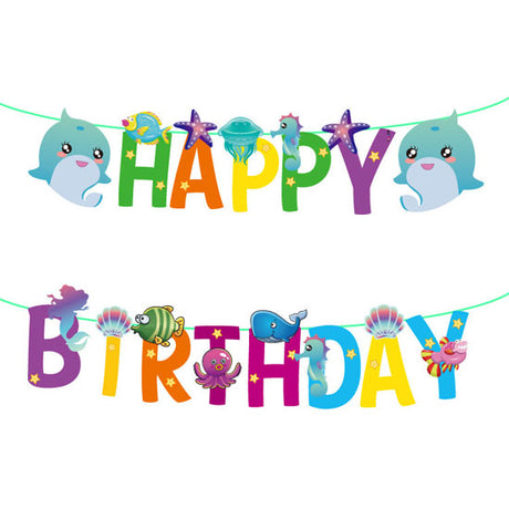 Under the sea Happy Birthday Banner featuring the cute ocean animals like whale, fish, seashells, octopus, and seahorse.