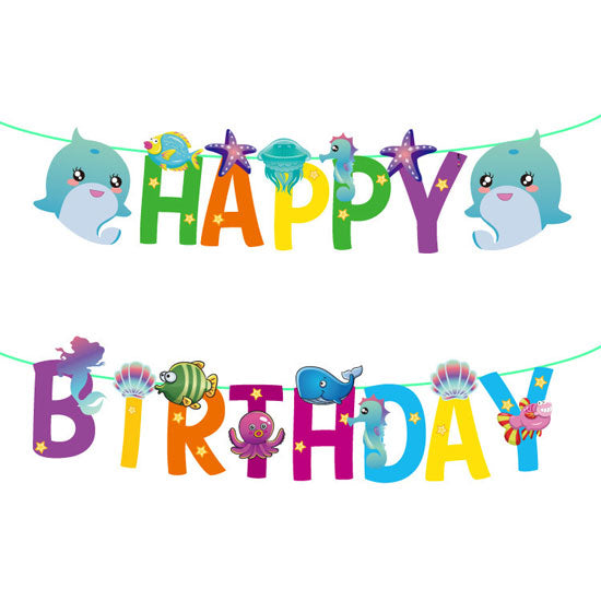 Under the sea Happy Birthday Banner featuring the cute ocean animals like whale, fish, seashells, octopus, and seahorse.