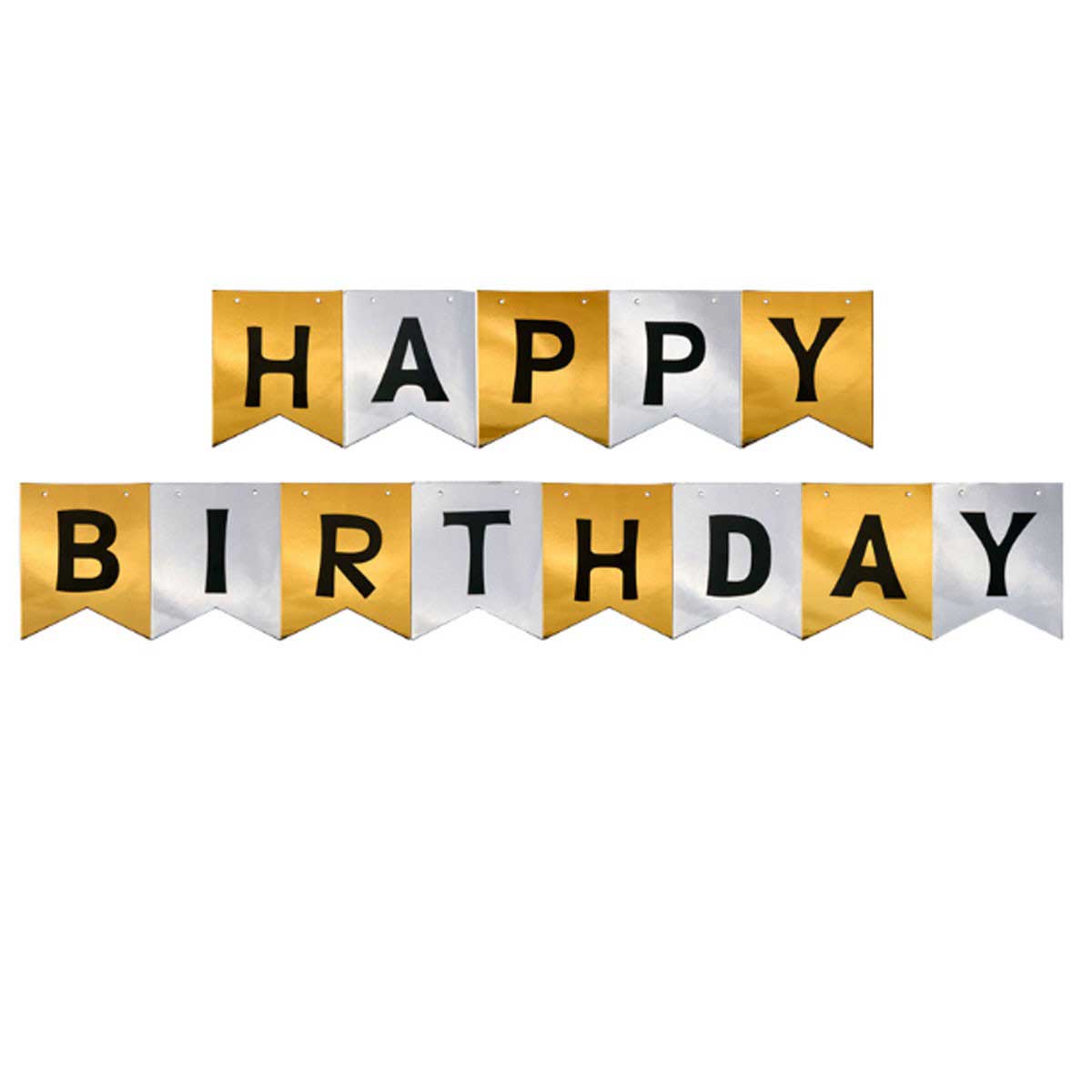 "Happy Birthday" banner in Shiny and glossy silver and gold in alternate letters.