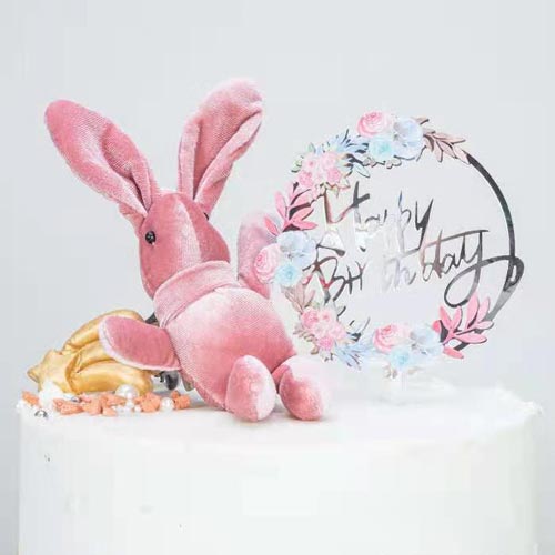 Silver Acrylic Bday Cake Topper with Blue Pink Flowers
