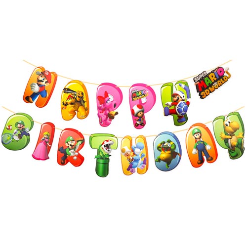 Super Mario themed colourful happy birthday banner.