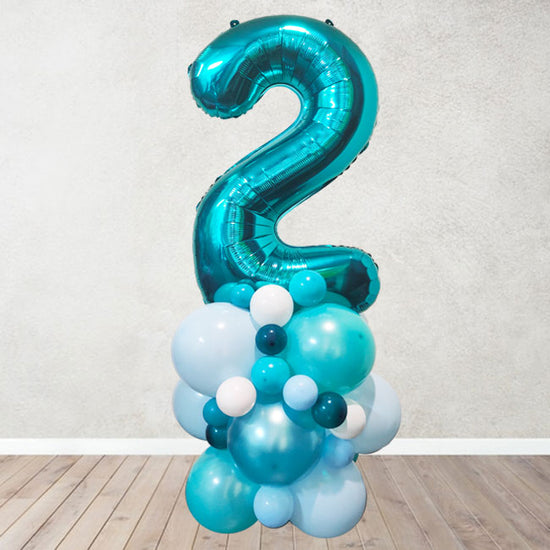 Load image into Gallery viewer, Teal Number Balloon Column with turquoise and mint and chrome blue balloon base.
