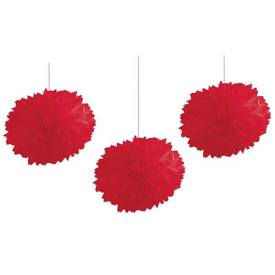 Hang some red pom poms around the party place to have "floating flowers" all around or stick them on the wall in random patterns mixing with some honeycomb decors, banners or paper fans and form a really nice party backdrop