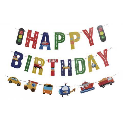 Colourful and fun Happy Birthday Banner with many vehicles like cars, helicopter, boats