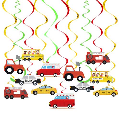 Load image into Gallery viewer, Transportation Cars and Vehicles shaped swirls for party decoration.
