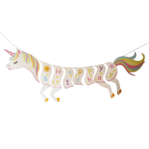 Load image into Gallery viewer, Unicorn Full Body Happy Birthday Banner for a magical and impressive birthday party backdrop decoration. 
