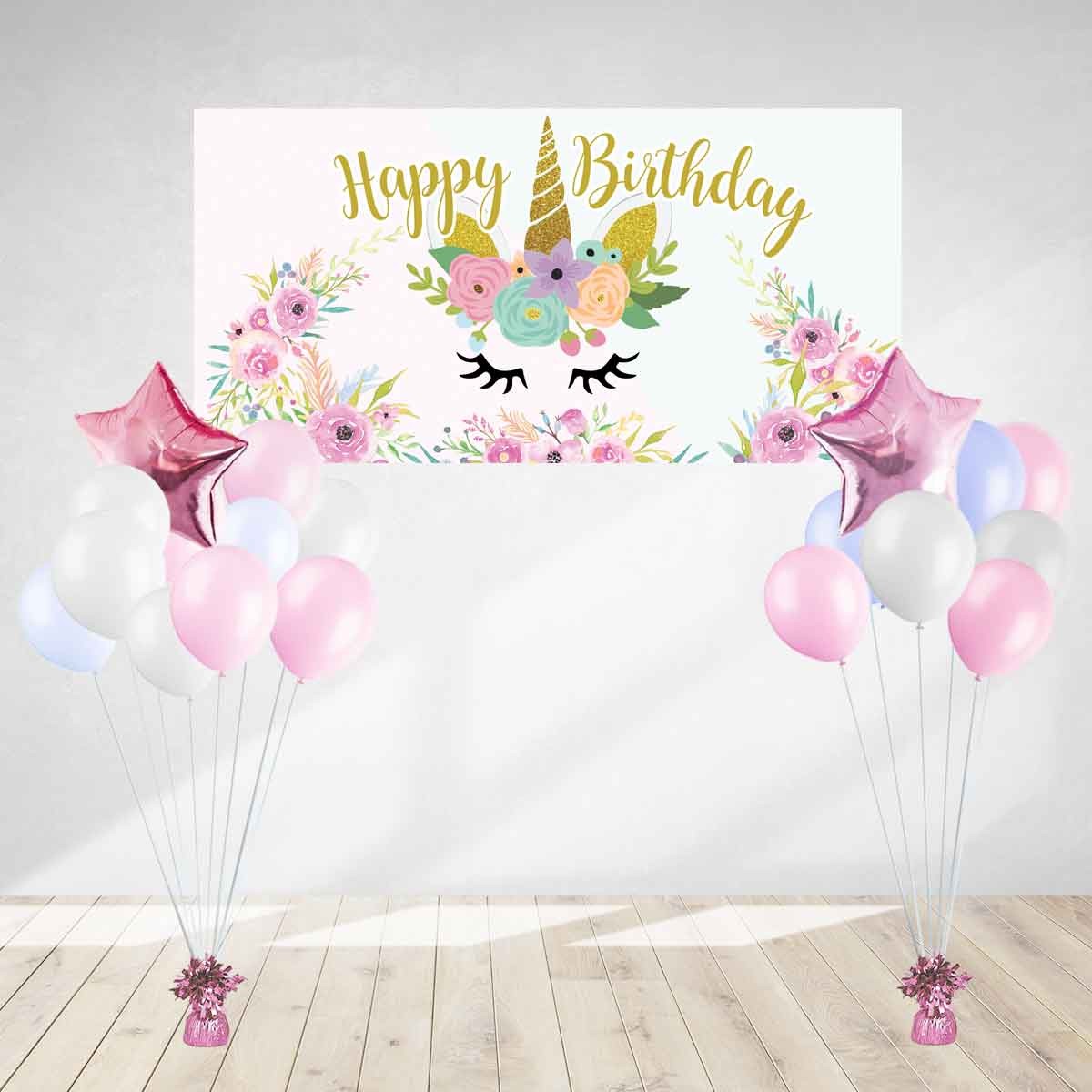 Load image into Gallery viewer, Magical Unicorn Birthday Banner with Lovely matching helium balloons.
