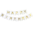 White Fishtail Banner printed with gold foil "Happy Birthday" letters for birthday decoration setup. 