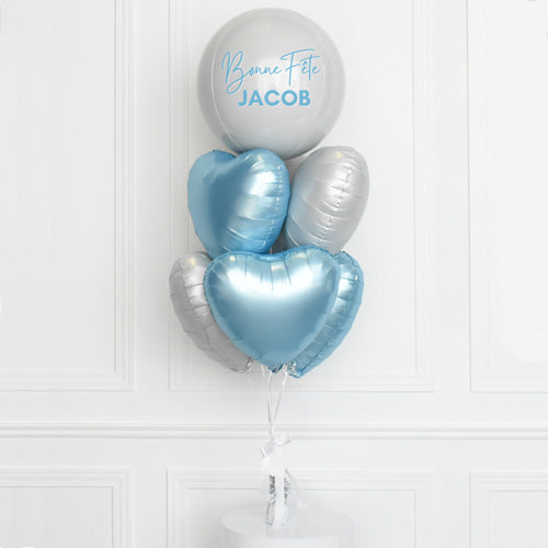 Lovely Orbz in Glossy White with matching chrome blue and white heart balloons.