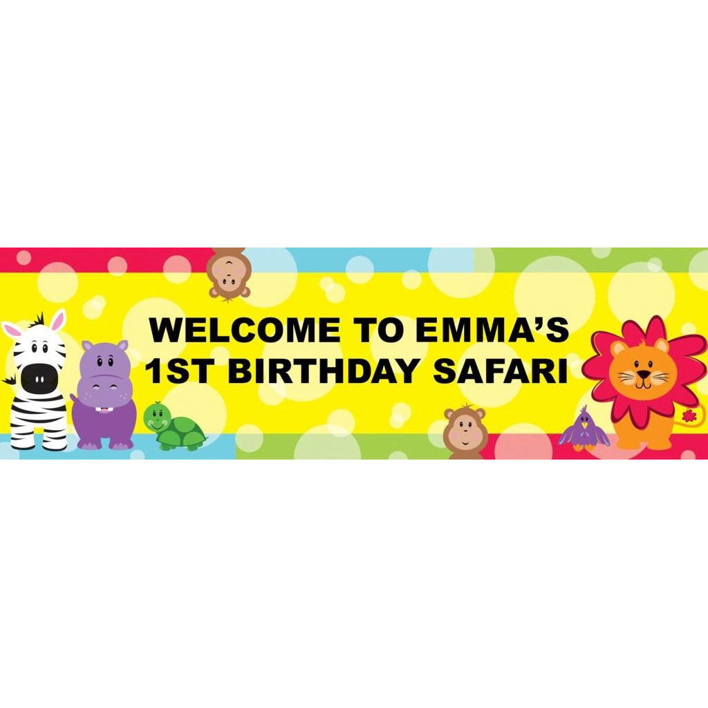 Cute Animals Banner customized with your child's name. 1 banner suitable for outdoor/indoor use. Comes with eyelets at the 4 corners for easy hanging. Strings not included. Featuring Lion, Giraffe, Hippo, monkey and Zebra.