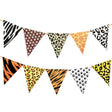 Package includes 10 flags in safari animal prints for birthday party decoration
