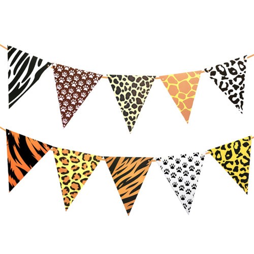Package includes 10 flags in safari animal prints for birthday party decoration
