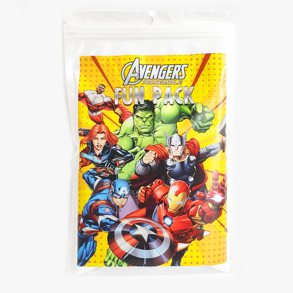 Avengers Fun Pack - Get ready for action packed party with the superheroes. Goody Bags with games, stickers and colouring - A perfect favour gift pack to mark the fun and interesting Birthday Party. 