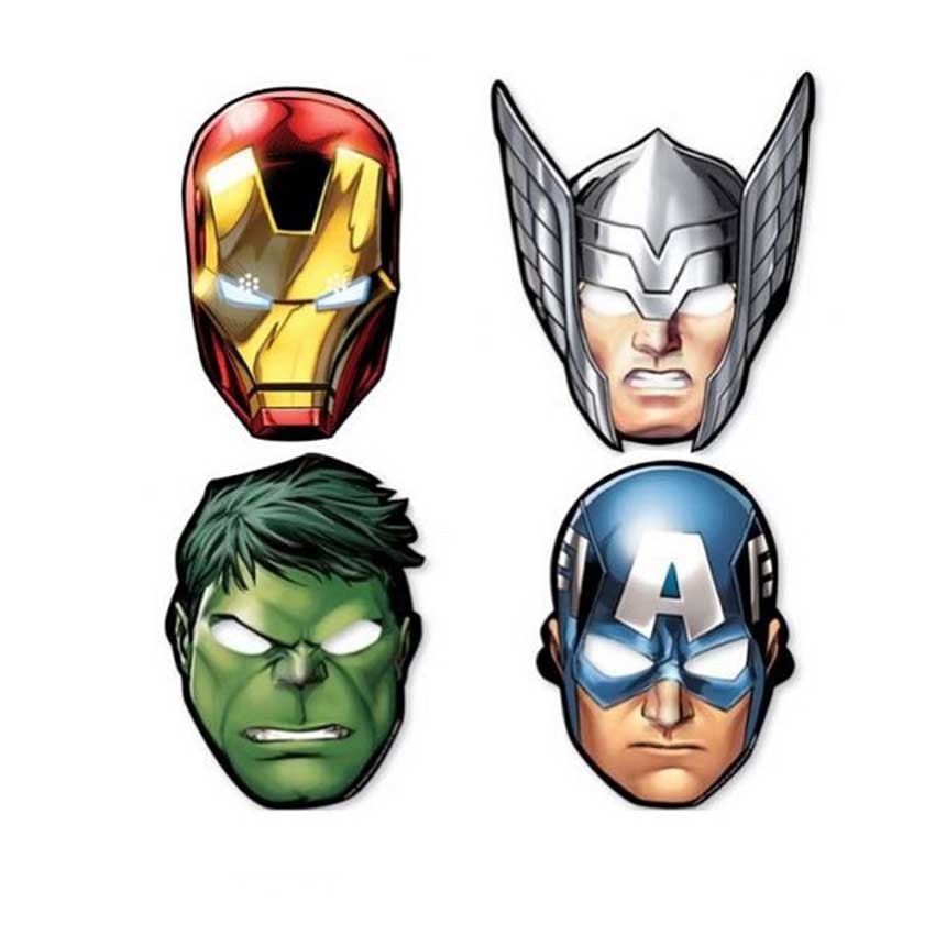 Ready to have some hero action fun pretending to be Thor, Captain America and Hulk?Package includes 8 Paper Avengers Masks with 2 Captain America, 2 Thor and 4 Hulk masks, each measuring approximately 10in long x 9in wide.