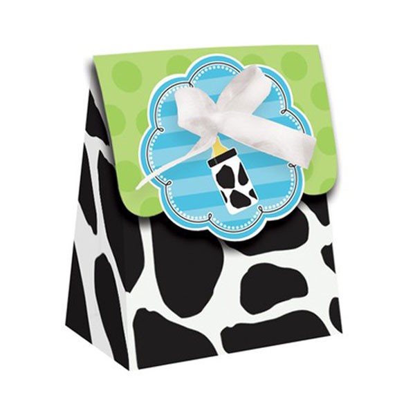 Load image into Gallery viewer, Give your guests a little sweet treat to graze on after your Baby Cow Print theme baby shower. The Baby Cow Print- Boy Die-cut Favor Bag with Ribbon has a bold black and white cow print design on the favor bag with a fold over top featuring green polka do
