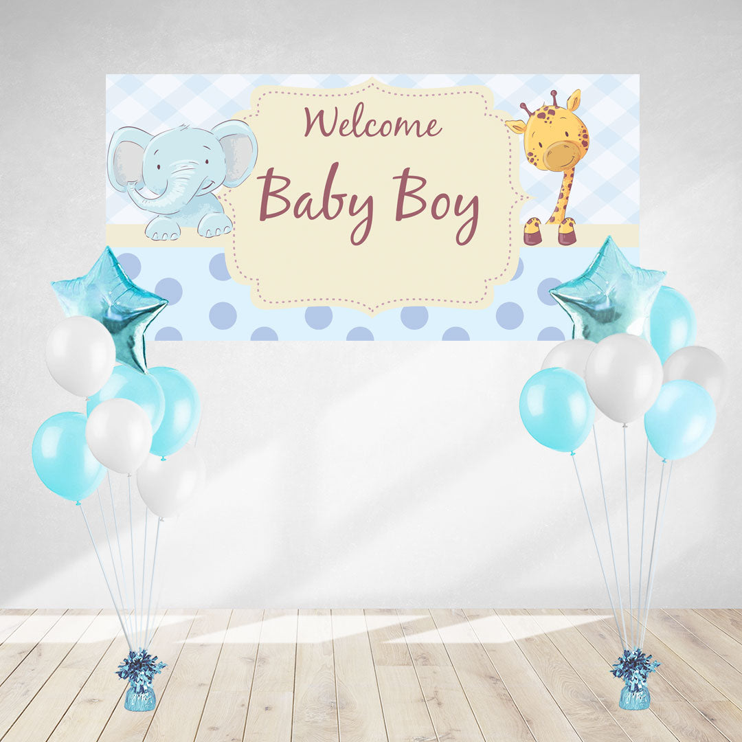 Load image into Gallery viewer, Celebrating the coming of baby boy with a cute giraffe and elephant baby banner and some helium balloons.
